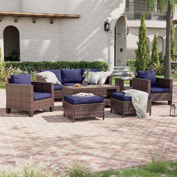 7-Piece Brown Wicker Outdoor Conversation Seating Sofa Set with Coffee Table, Navy Blue Cushions