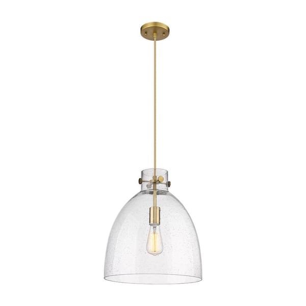 Newton Bell 100-Watt 1-Light Brushed Brass Shaded Mini Pendant Light with Seeded Glass Shade