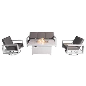 Aluminum Patio Conversation Set with Gray Cushion, White 55.12 in. Fire Pit Table Sofa Set - 2 Swivel+3Seater