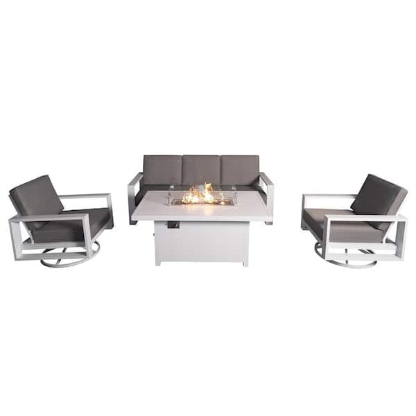 PATIOPTION Aluminum Patio Conversation Set with Gray Cushion, White 55.12 in. Fire Pit Table Sofa Set - 2 Swivel+3Seater