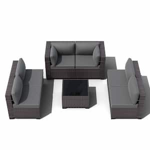 7-Piece Wicker Outdoor Patio Furniture Sectional Set with Grey Cushions and Coffee Table