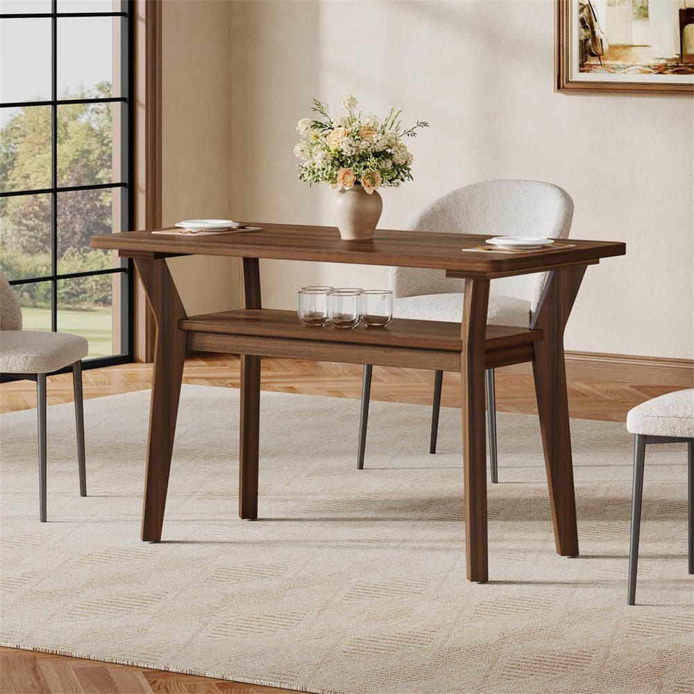 Roesler 47 in. Walnut Color Rectangle Dining Table for 4, Farmhouse Kitchen Table Dinner Table with Solid Wood Legs