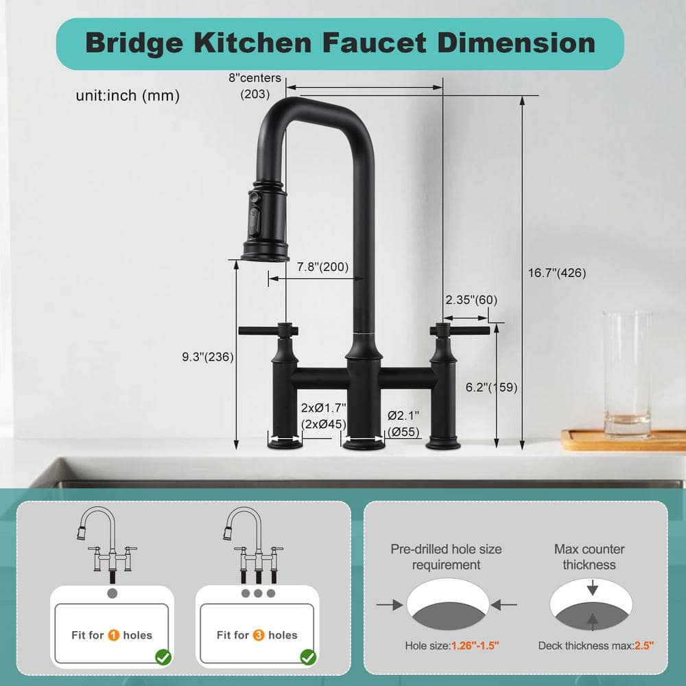 Matte Black Dual Handle Bridge Kitchen Faucet with Pull-Down Spray