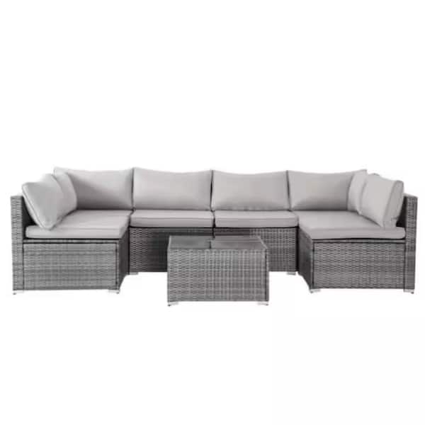 7-Piece Grey Wicker Outdoor Patio Furniture Conversation Set Sectional Sofa Furniture Set with Grey Cushions