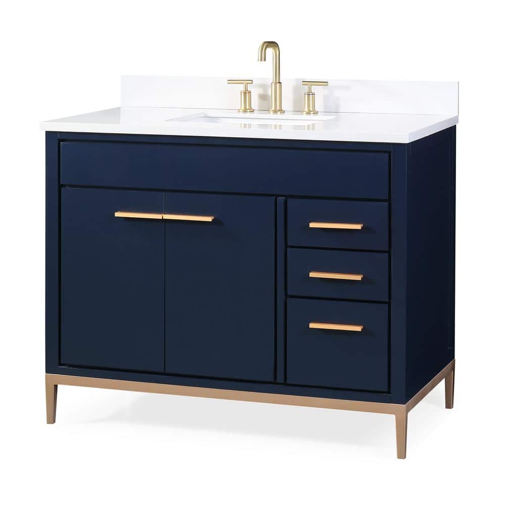 42" Dark Wood and Gold Freestanding Bathroom Vanity with White Quartz Top