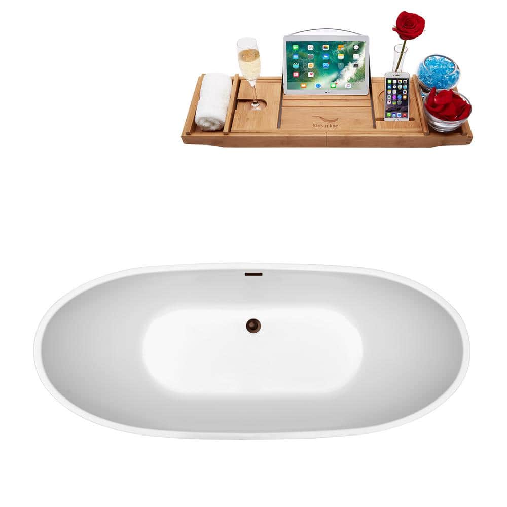 67" Glossy White Freestanding Acrylic Soaking Bathtub with Bamboo Tray