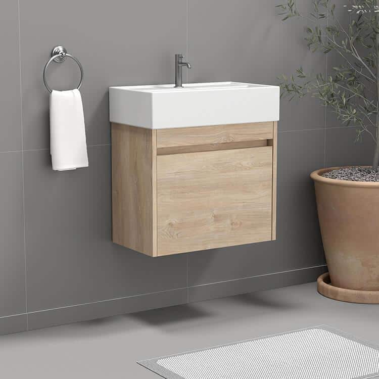 Mini 24" Brown Oak Wall Mounted Single Basin Vanity Set with White Ceramic Sink