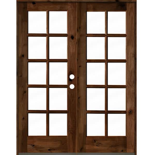 Krosswood Doors 60 in. x 80 in. French Knotty Alder Wood 10-Lite Clear Glass provincial stain Left Active Double Prehung Front Door