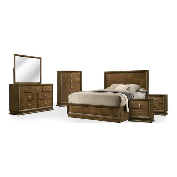 Joune 6-Piece Walnut Wood Frame Full Panel Bedroom Set with Beleved Corner, Metal Center Glide, Zinc Bronze Metal Knobs