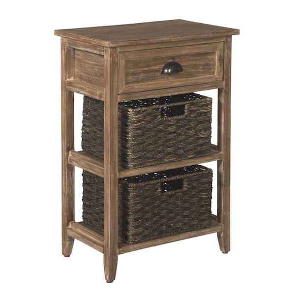 Benjara Brown Wooden Accent Table with 2-Woven Storage Baskets