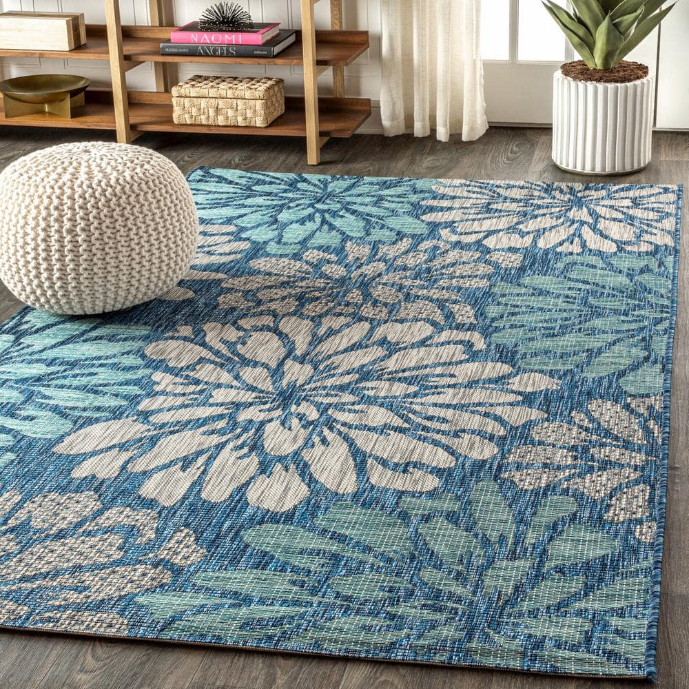 Navy and Aqua Floral Flat Woven Indoor/Outdoor Rug