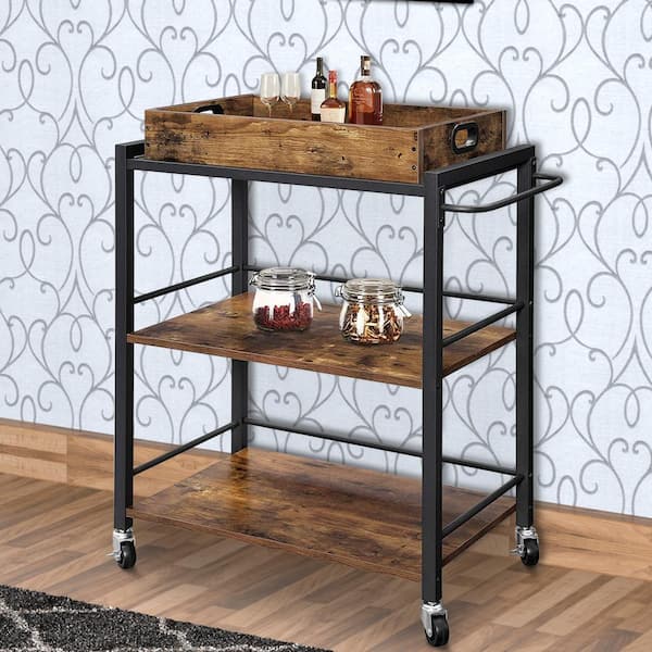 Tray Top Wooden Kitchen Cart With 2 Shelves And Casters Brown Black, Wooden Bath Tray B M