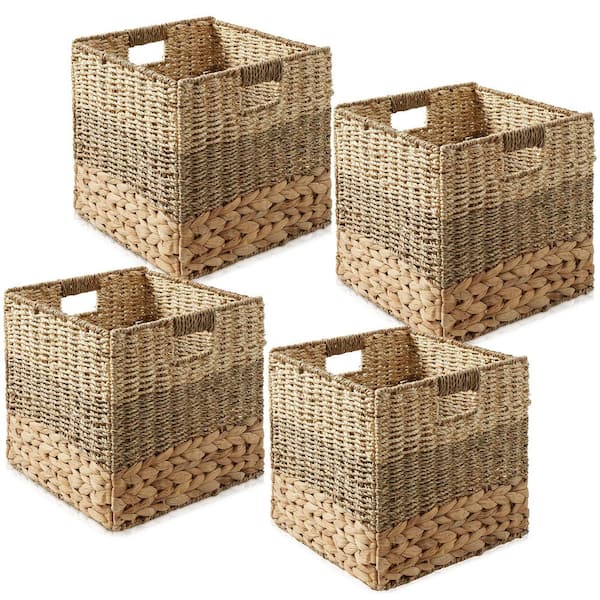 Brown Mixed Weave 10.5 in. x 10.5 in. Wicker Hyacinth Decorative Basket Storage Cube Set of 4