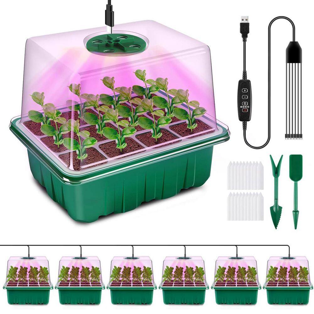 6-Pack Seed Starter Kit, Grow Light, Timing Controller, Adjustable Brightness, Thicken Trays, Humidity Domes, Gift Box