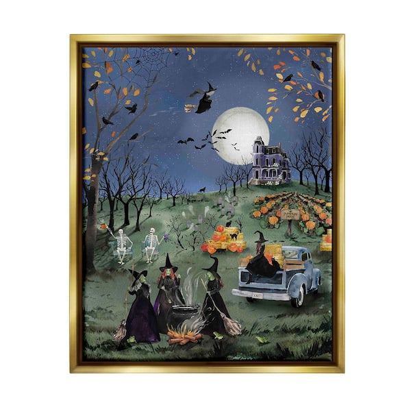 Stupell Industries Autumnal Witches Scene by Heatherlee Chan 1-Piece Floater Frame Graphic Print Nature Poster Art Print 31 in. x 25 in.