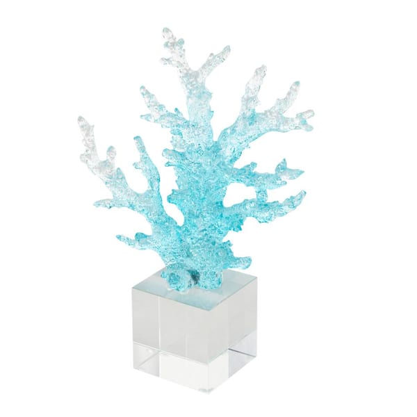 Litton Lane Blue 8 in. x 11 in. Glass Ombre Coral Sculpture with Clear Square Base