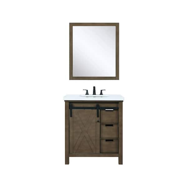 null Marsyas 30 in W x 22 in D Rustic Brown Bath Vanity, White Quartz Countertop, Faucet Set and 28 in Mirror
