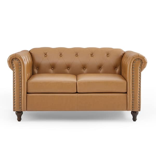 JAYDEN CREATION Antonio 60 in. W Camel Leather Loveseat with Nailhead Trim