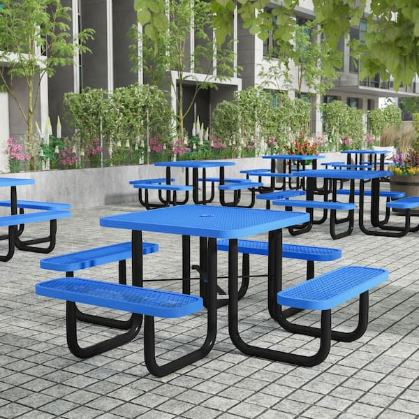 Creekside 79.75 in. Blue Square Steel Outdoor Picnic Tables Seats 4 People Without Umbrella Hole