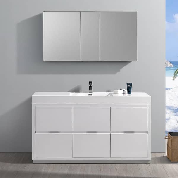Valencia 60 in. W Vanity in White with Acrylic Vanity Top in White with White Basin and Medicine Cabinet