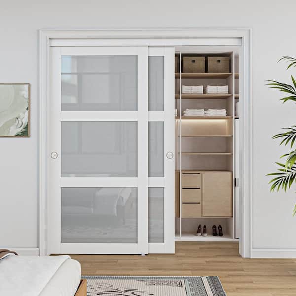 72 in. x 96 in. 3-Lites White Frosted Glass MDF Finished Closet Sliding Door with Hardware Kit