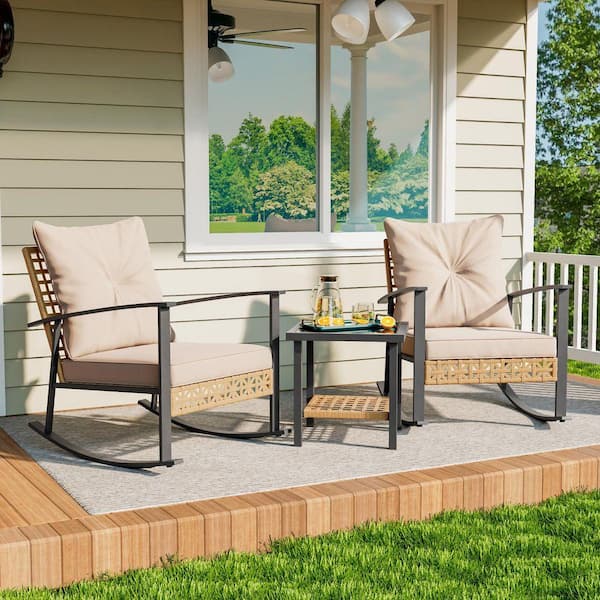 3-Piece Wicker Outdoor Rocking Chair Bistro Conversation Set with Cushions