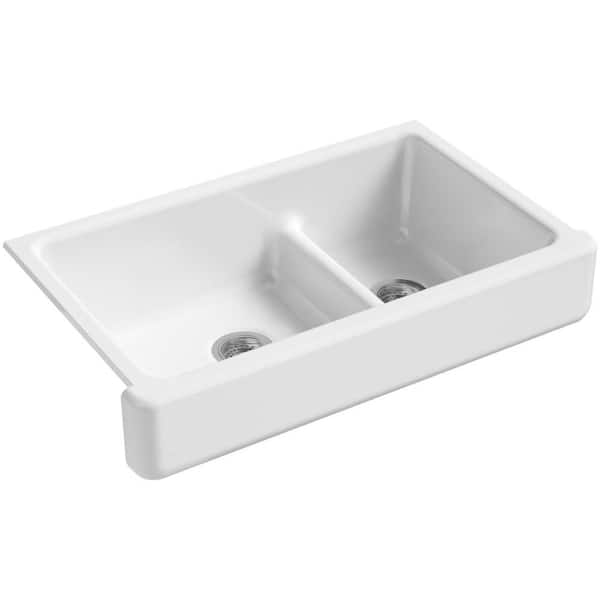 KOHLER Whitehaven Farmhouse Undermount Apron Front Cast Iron 36 in. Double Bowl with Smart Divide Kitchen Sink in White