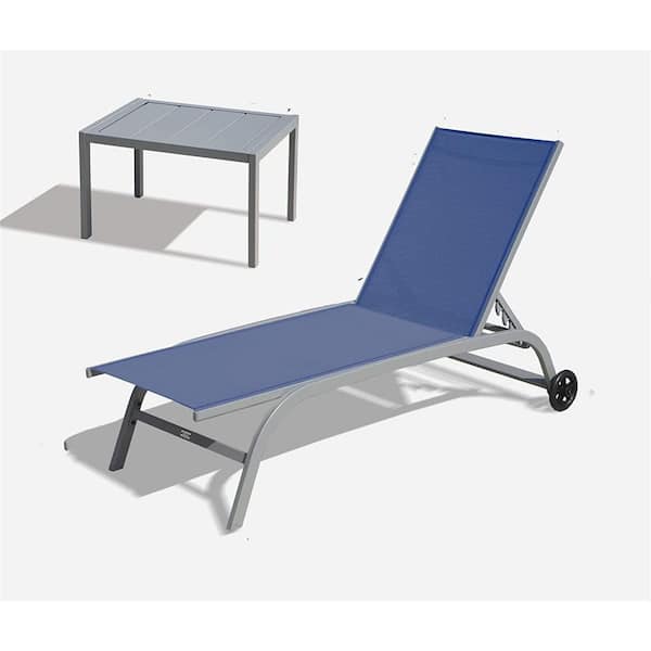 Tenleaf Blue Aluminum Outdoor Lounge Chair with 5 Adjustable Position and Wheels (Set of 3)
