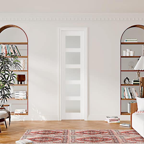 24 in. x 80 in. 5-Panel Frosted Glass Prehung Interior Door Right-Handed MDF White with Door Jamb and Hardware Kit