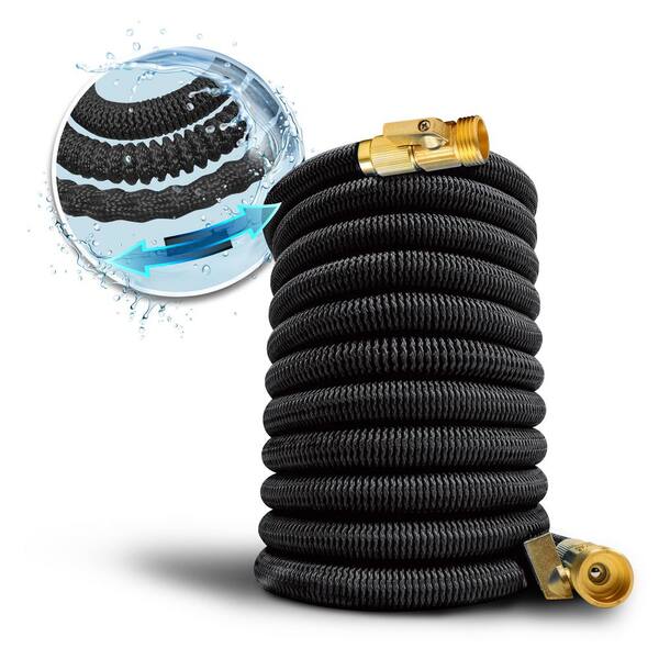 AQUA JOE 5/8 in. Dia. x 50 ft. No-Kink Expandable Garden Hose with Heavy-Duty Brass Valve and Flow Control, Black