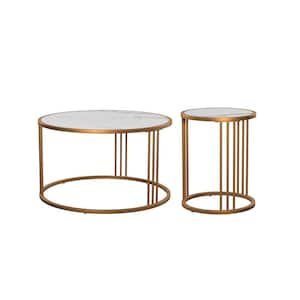 Golden Round Slate Coffee Table with Steel Frame Set of 2