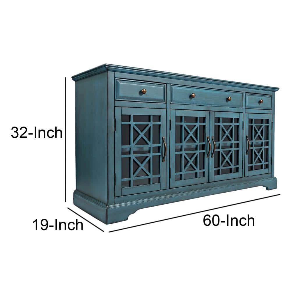 Antique Turquoise Acacia Wood TV Media Console with Glass Doors
