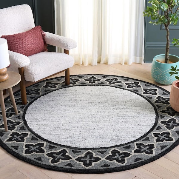 Pine 6 ft. x 6 ft. Charcoal/Ivory Geometric Border Round Area Rug