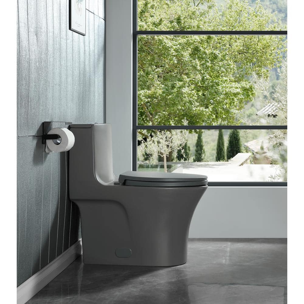 Light Gray Elongated Dual Flush One-Piece Toilet with Soft Closing Seat