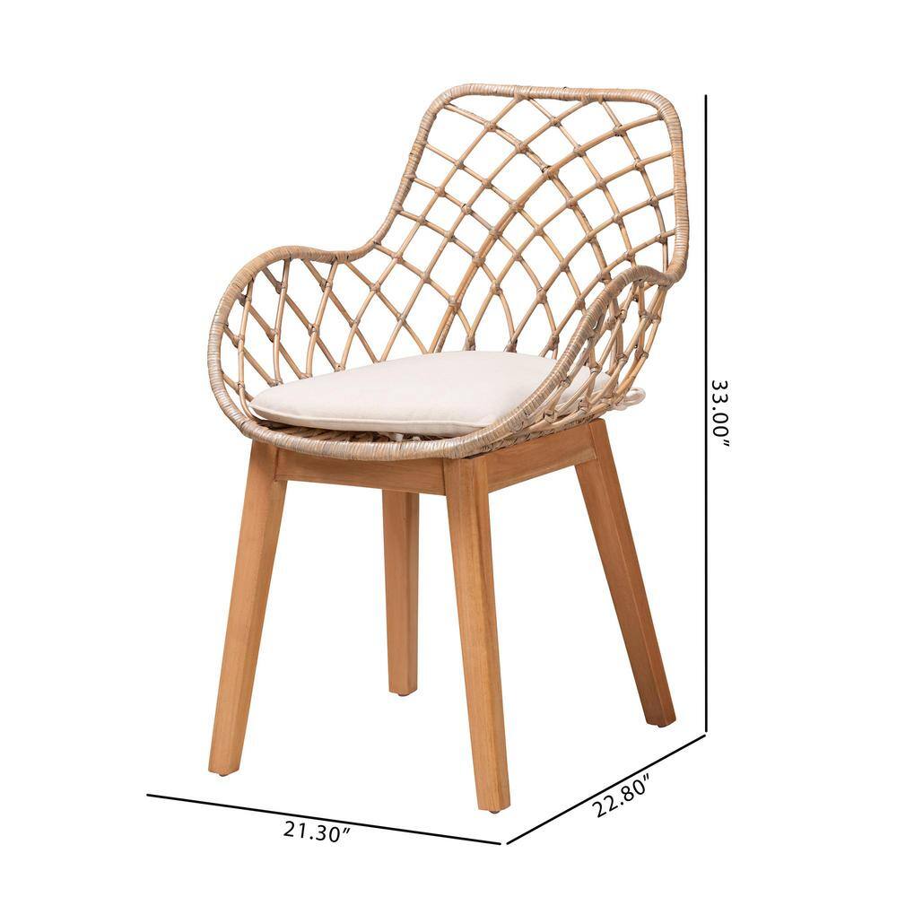 Bohemian Greywashed Rattan and Natural Brown Dining Chair Set with Cushions