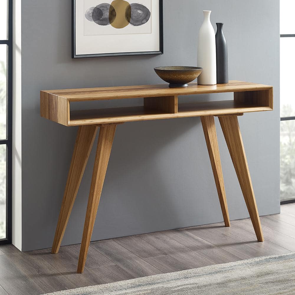 Caramelized Bamboo Console Table with Storage Cubbies