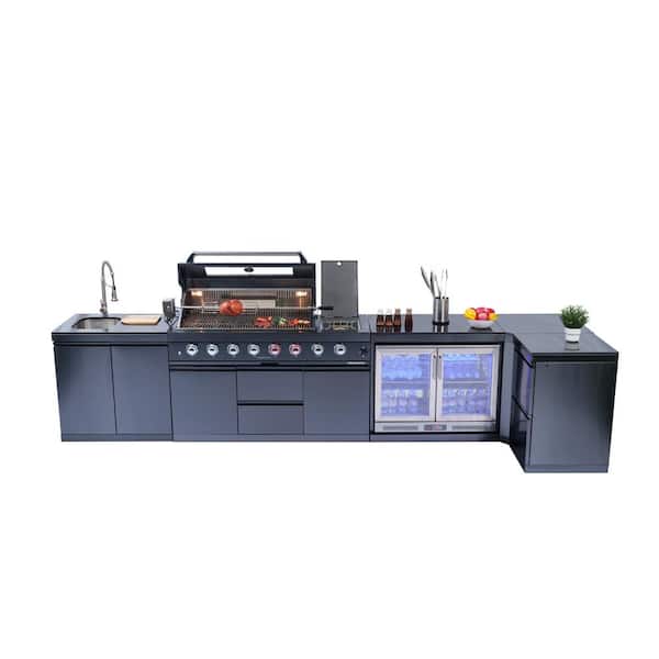 58 in. 6-Burner 96,000 BTU Stainless Steel Outdoor Kitchen BBQ Propane Grill Island, in Black