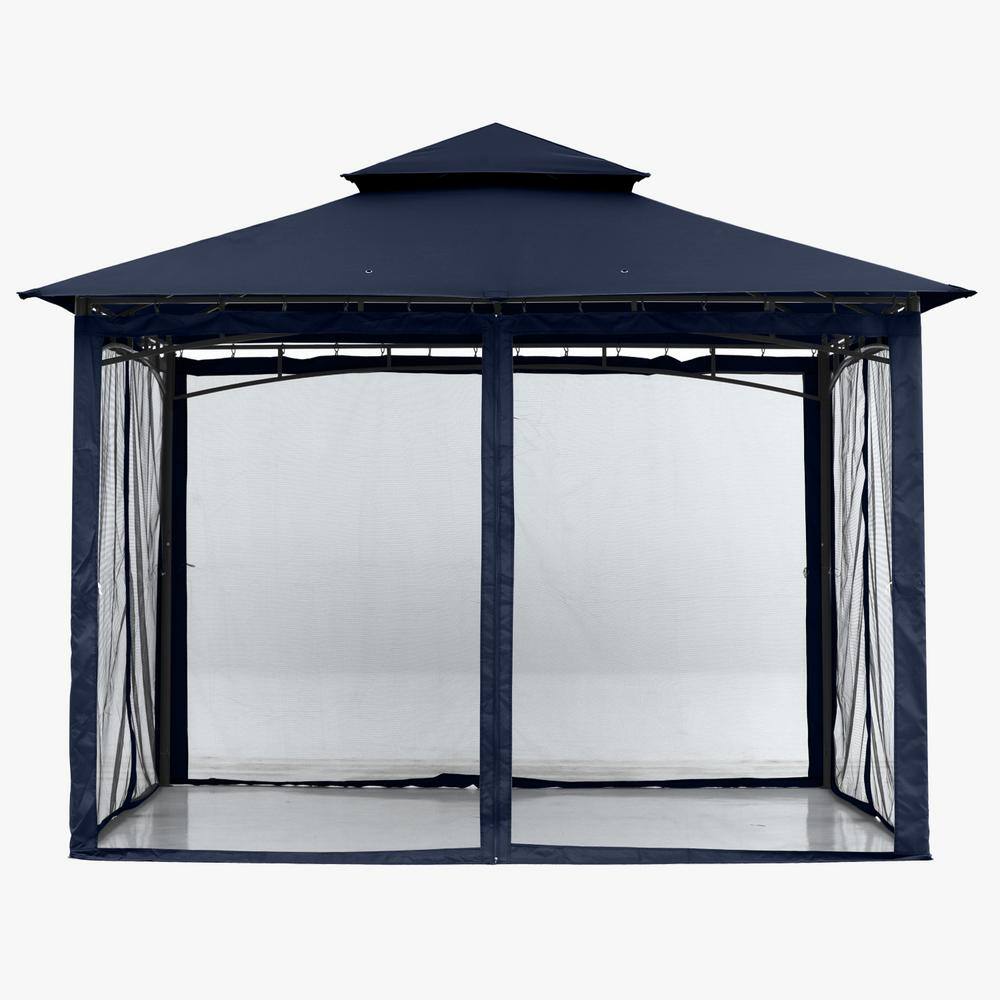 11 ft. x 11 ft. Navy Blue Steel Outdoor Patio Gazebo with Vented Soft Roof Canopy and Netting