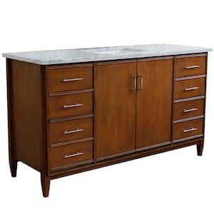 61 in. W x 22 in. D Single Bath Vanity in Walnut with Marble Vanity Top in White Carrara with White Rectangle Basin