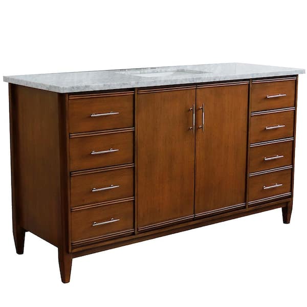 Bellaterra Home 61 in. W x 22 in. D Single Bath Vanity in Walnut with Marble Vanity Top in White Carrara with White Rectangle Basin