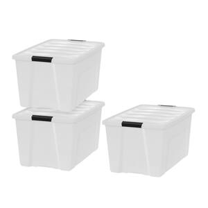 70 Qt. Stack and Pull Nesting Storage Tote, with Black Latching Clips, in White, (3 Pack)