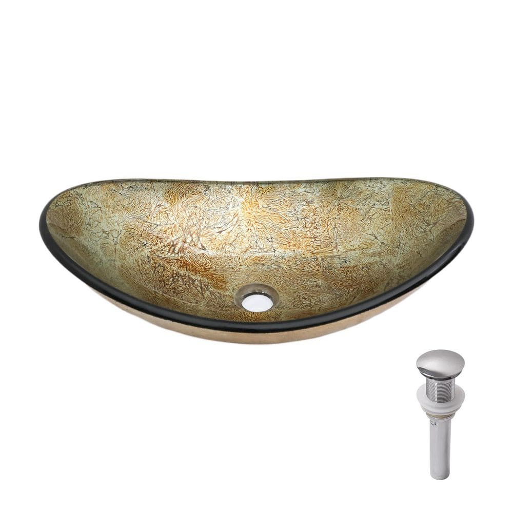 21.5 in. Boat Shape Vessel Bathroom Sink in Gold-Foil Tempered Glass with Chrome Pop-up Drain price history on PriceWatchPro