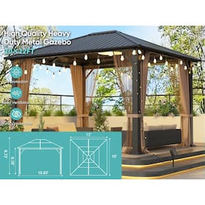 12 ft. x 10 ft. Outdoor Patio Galvanized Steel Hardtop Gazebo Mosquito Netting and Brown Curtains