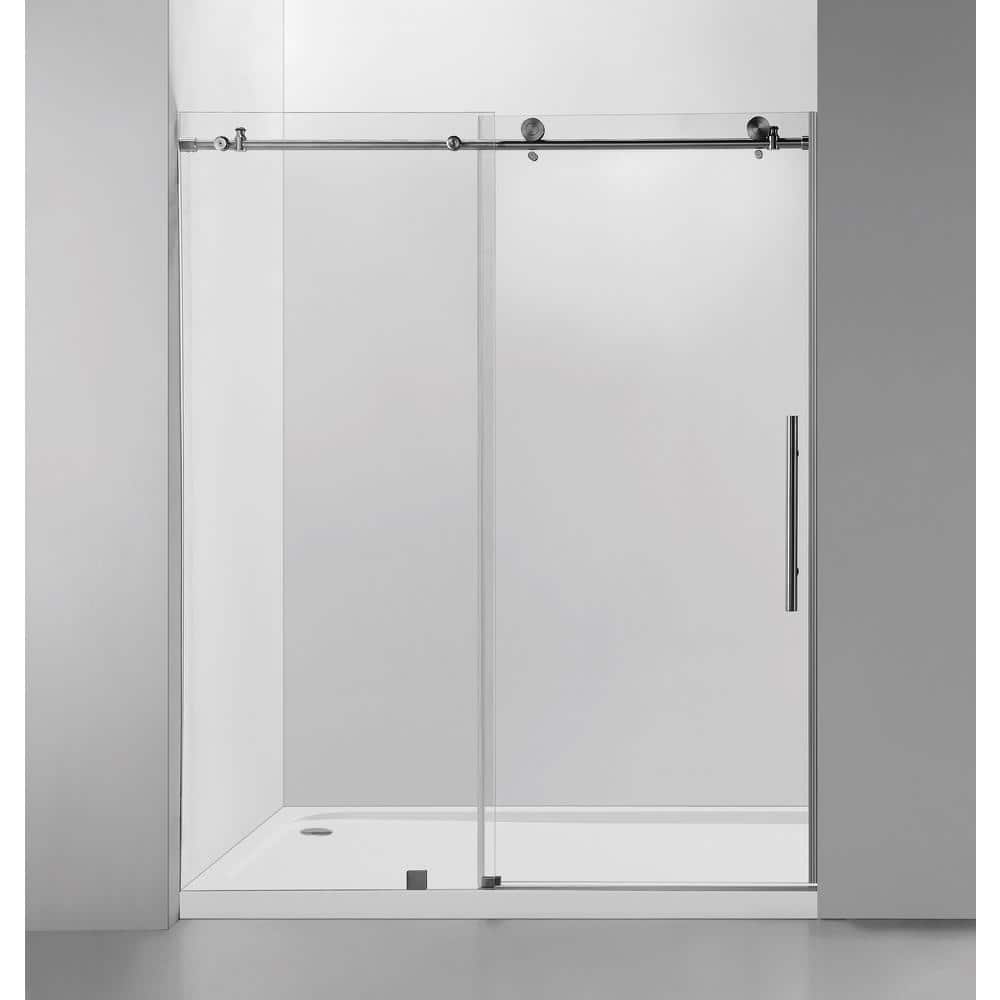 60 in. x 76 in. Frameless Clear Glass Sliding Shower Door with Brushed Nickel Finish