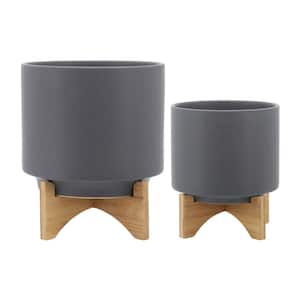 8 in. /10 in. Gray Ceramic Planter Stand Plant Pot with Wood Stand Feet for Outdoor/Indoor(2-Pack)