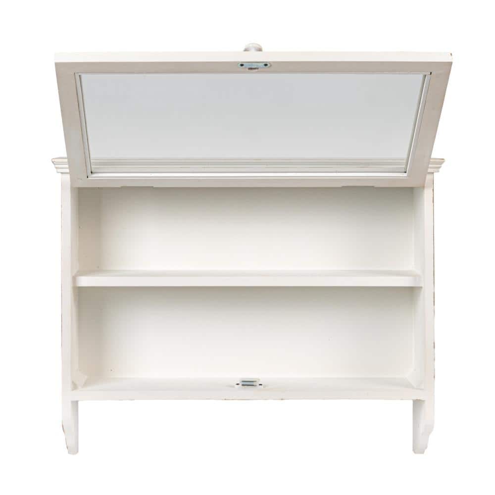 Ivory Wood and Glass Wall Cabinet with Hooks