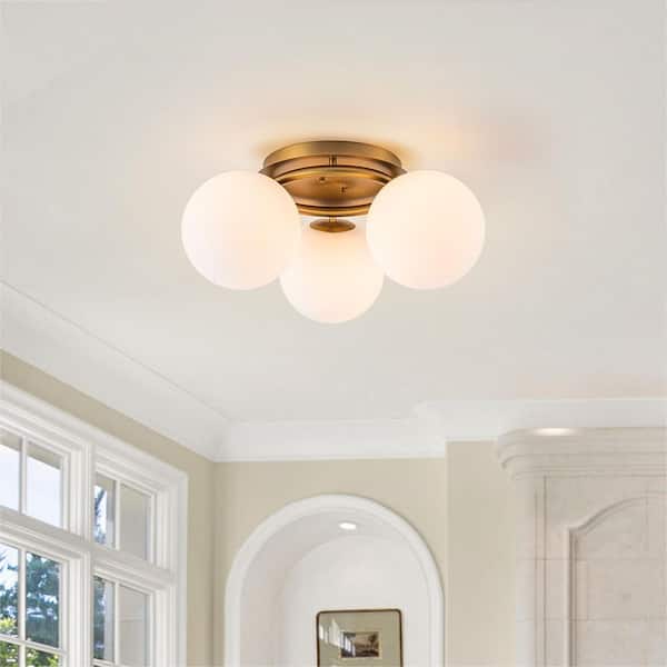 Lueck 18 in. 3-Light Gold Modern Semi Flush Mount Ceiling Light with Opal Glass