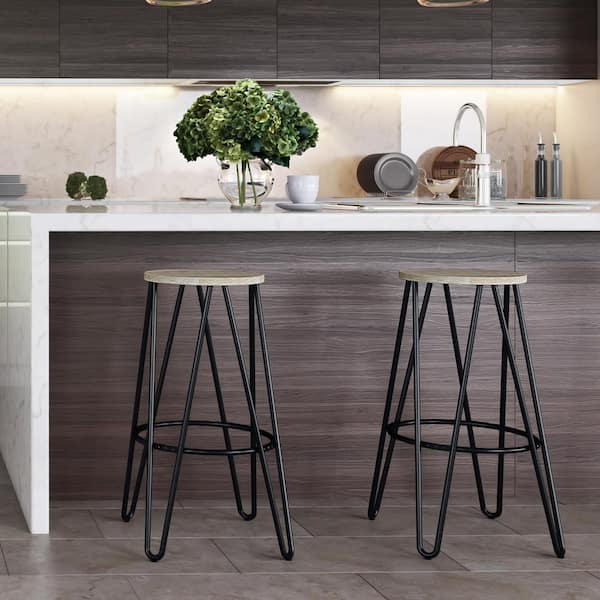 Simeon Industrial Metal 30 in. Metal Bar Stool with Wood Seat in Natural / Black