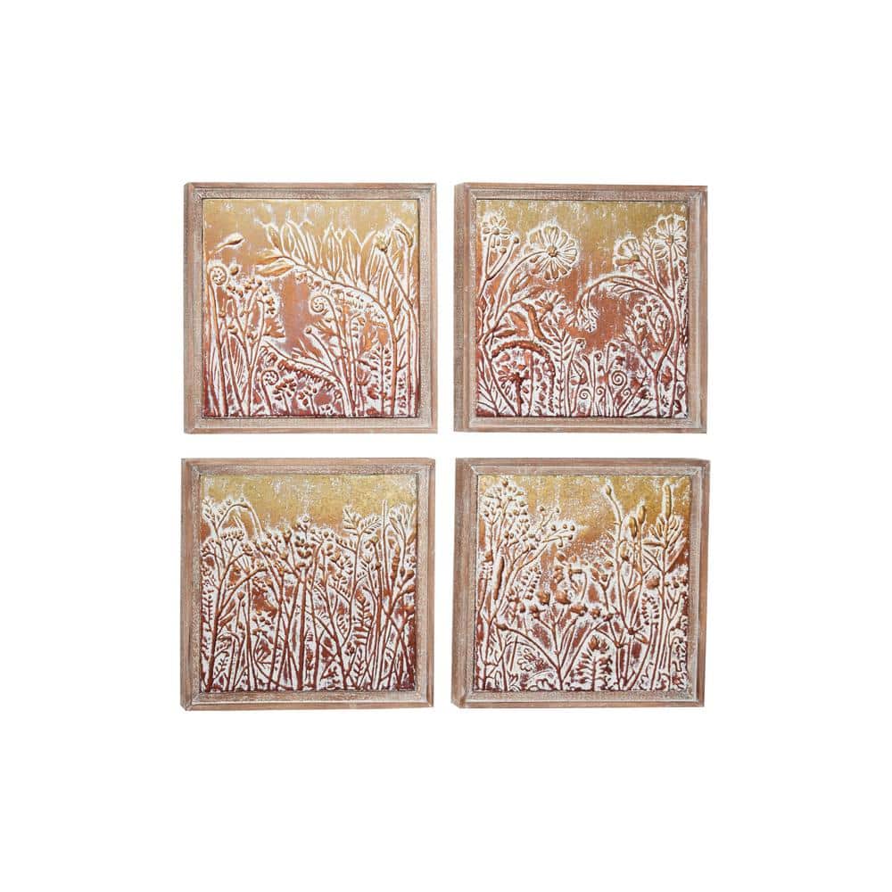 Whimsical Gold Metal Floral Wall Art Set in Beige Frames