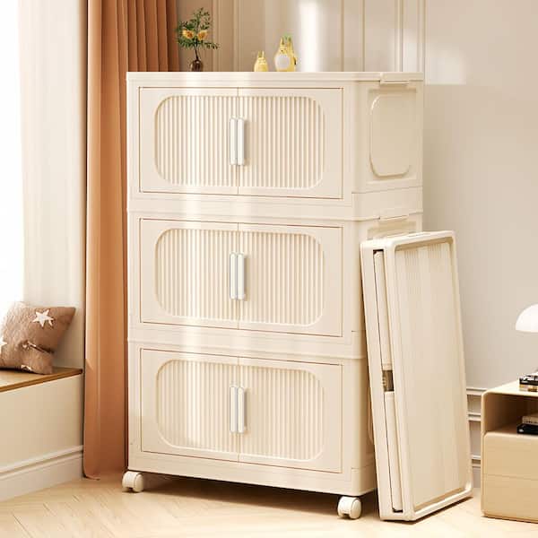 Otryad 3-Tier Plastic Collapsible Storage Cabinet on Wheels, Storage Bins Closet Organizer with Magnetic Door, Cream White